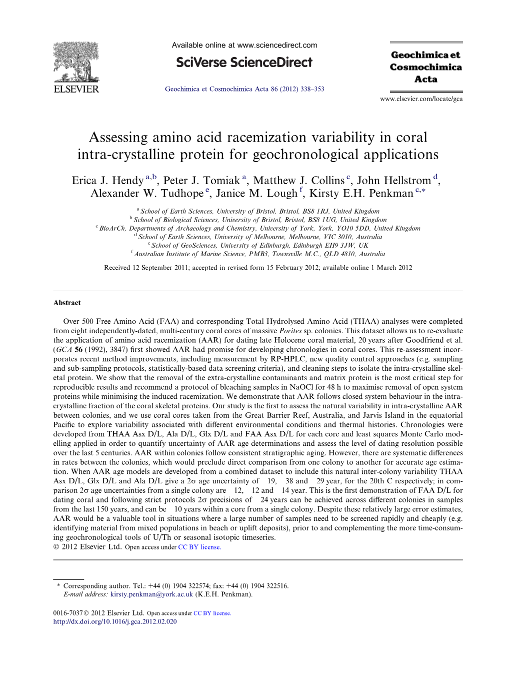 Assessing Amino Acid Racemization Variability in Coral Intra-Crystalline Protein for Geochronological Applications