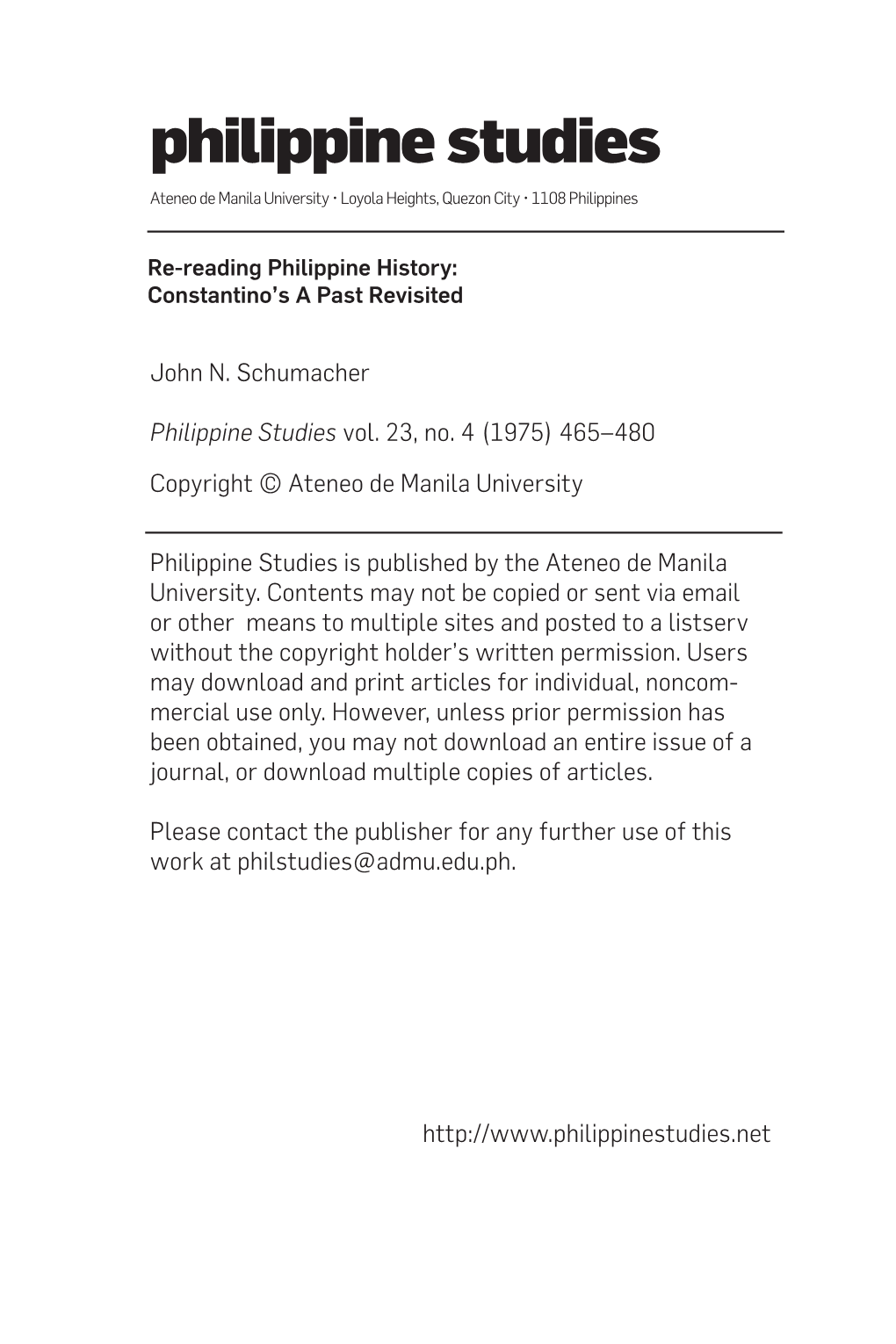 Philippine Studies Ateneo De Manila University • Loyola Heights, Quezon City • 1108 Philippines