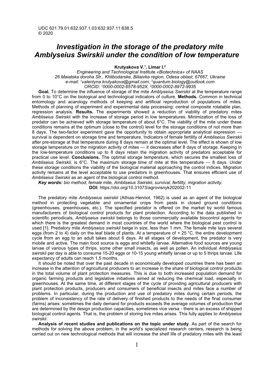 Investigation in the Storage of the Predatory Mite Amblyseius Swirskii Under the Condition of Low Temperature