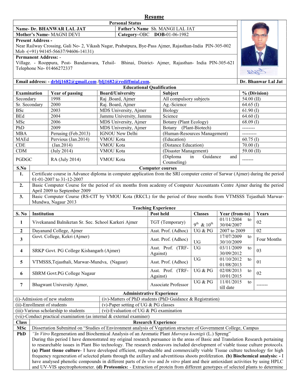 Resume Personal Status Name- Dr