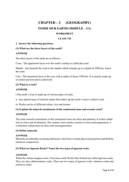Geography) Inside Our Earth (Module – 1/1) Worksheet Class Vii 1