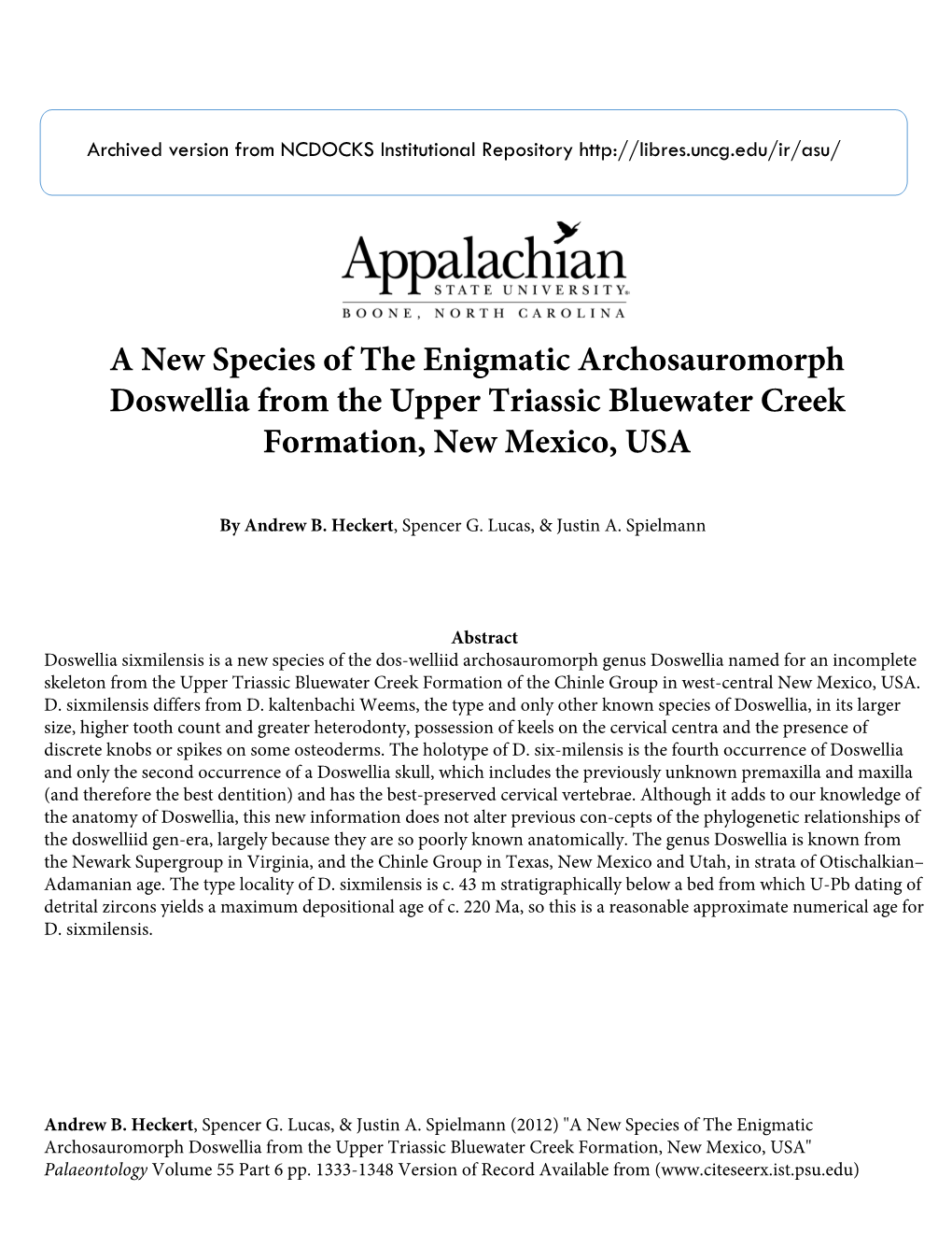 A New Species of the Enigmatic Archosauromorph Doswellia from the Upper Triassic Bluewater Creek Formation, New Mexico, USA