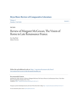 Review of Margaret Mcgowan, the Vision of Rome in Late Renaissance France