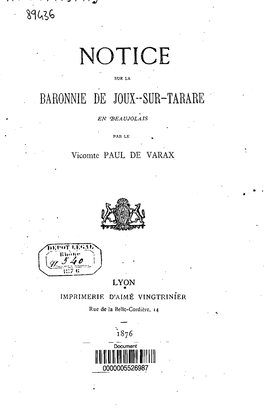 Notice Sur La Baronnie De Joux-Sur-Tarare En Beaujolais