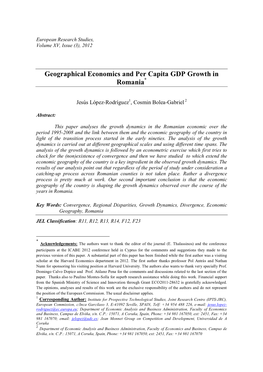 Geographical Economics and Per Capita GDP Growth in Romania*