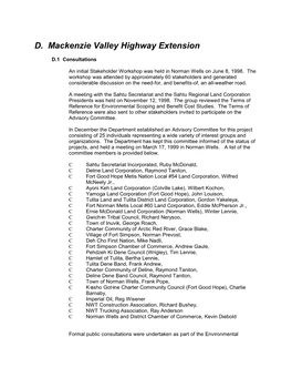 Mackenzie Highway Extension, for Structuring EIA Related Field Investigations and for Comparative Assessment of Alternate Routes