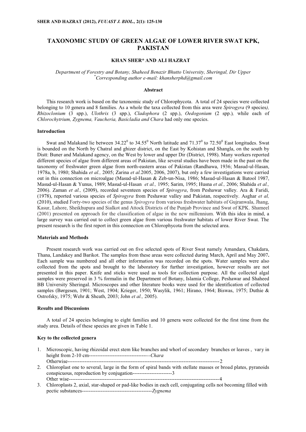 Taxonomic Study of Green Algae of Lower River Swat Kpk, Pakistan