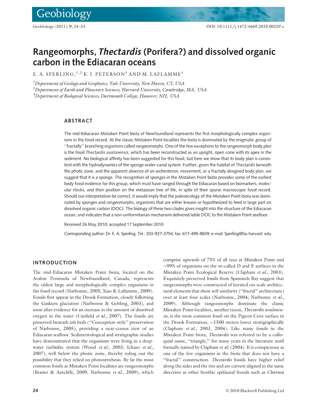 Rangeomorphs, Thectardis (Porifera?) and Dissolved Organic Carbon in the Ediacaran Oceans E