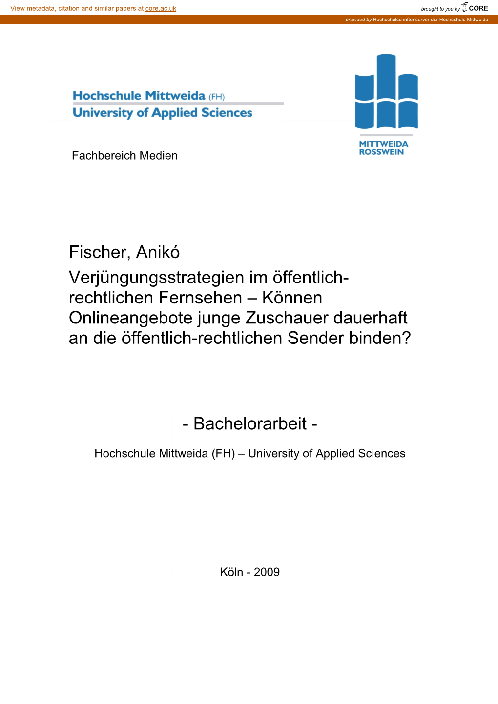 Fischer, Anikó Verjüngungsstrategien Im Öffentlich- Rechtlichen Fernsehen