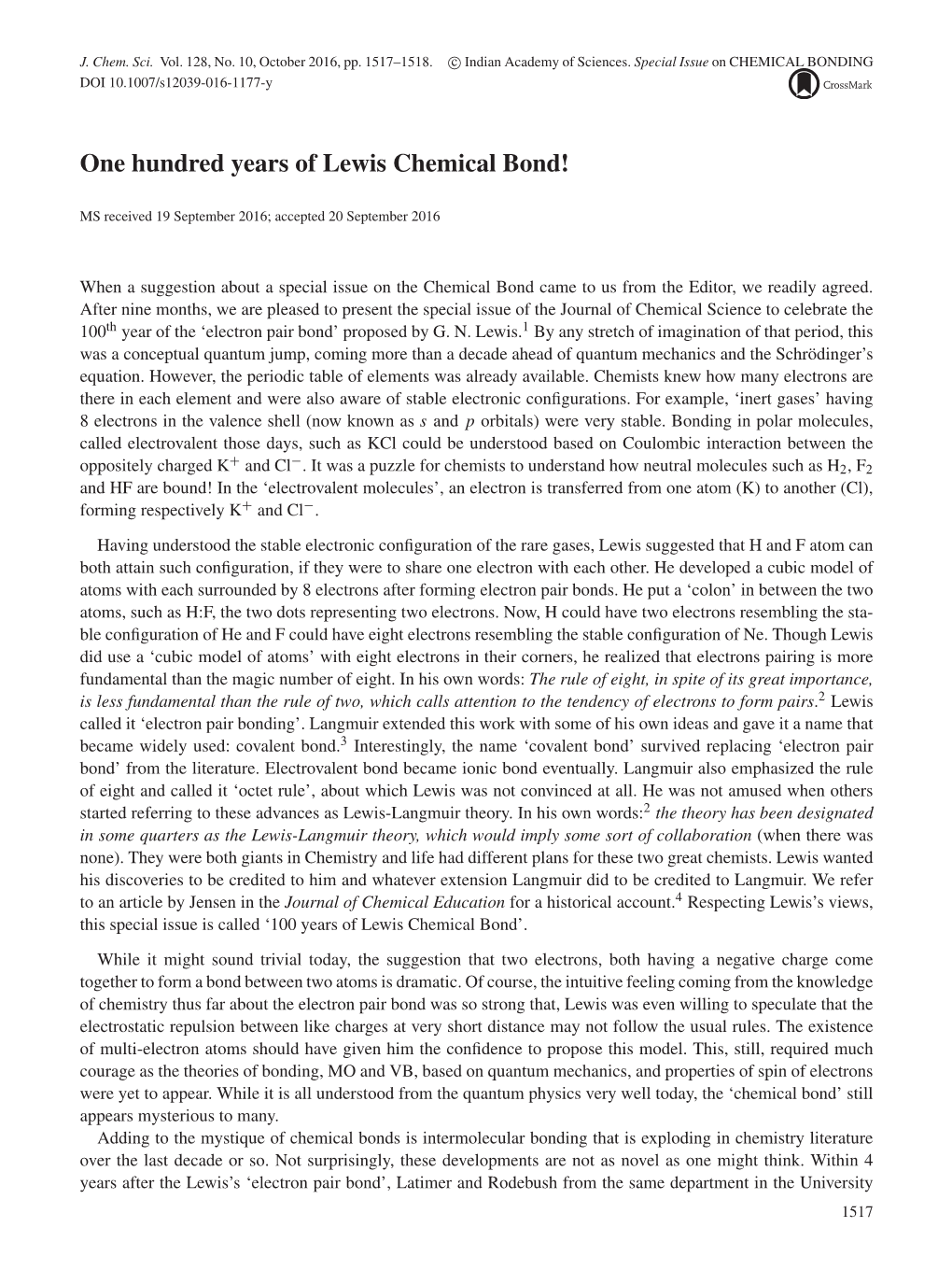 One Hundred Years of Lewis Chemical Bond!