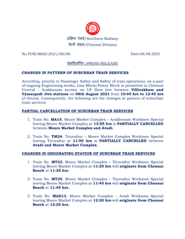 Changes in Pattern of Suburban Train Services in Chennai Central