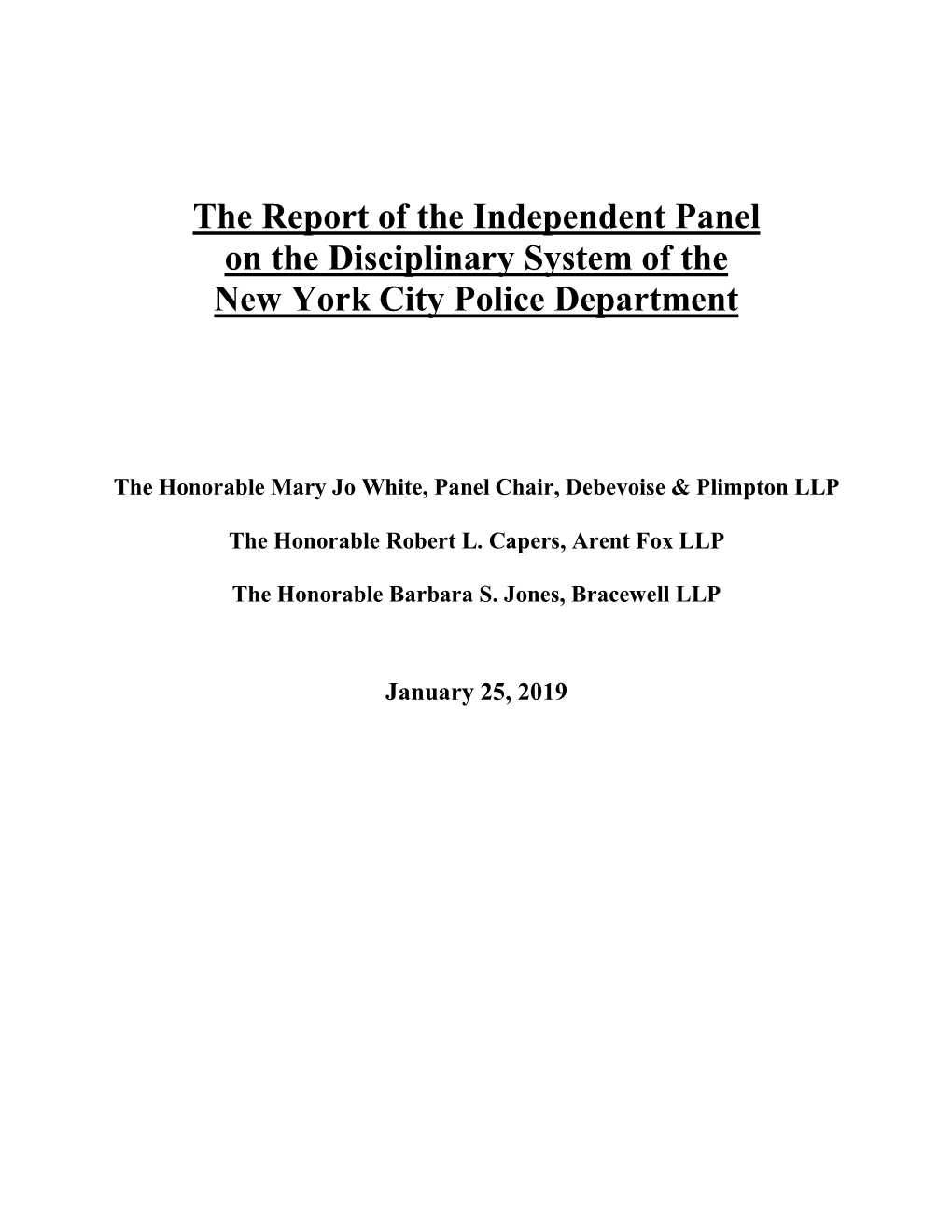 Report of the Independent Panel on the Disciplinary System of the New York City Police Department