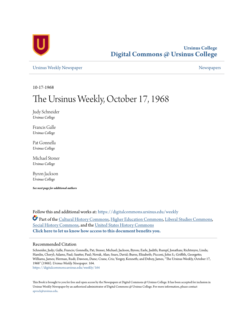 The Ursinus Weekly, October 17, 1968