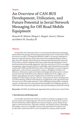 An Overview of CAN-BUS Development, Utilization, and Future Potential in Serial Network Messaging for Off-Road Mobile Equipment Hannah M