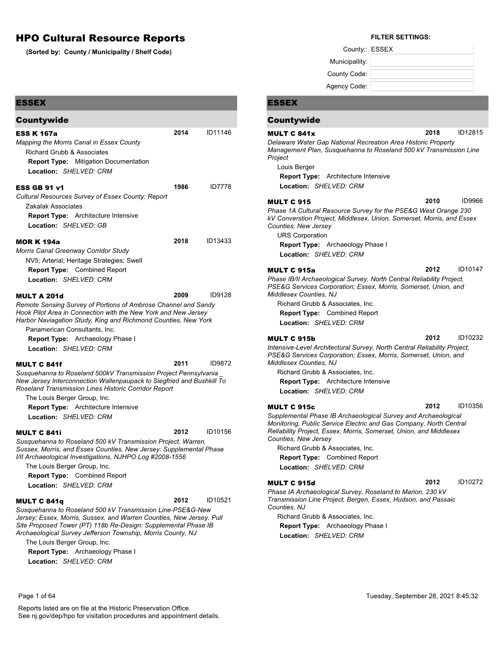 HPO Cultural Resource Reports FILTER SETTINGS: (Sorted By: County / Municipality / Shelf Code) County:: ESSEX Municipallity: County Code: Agency Code