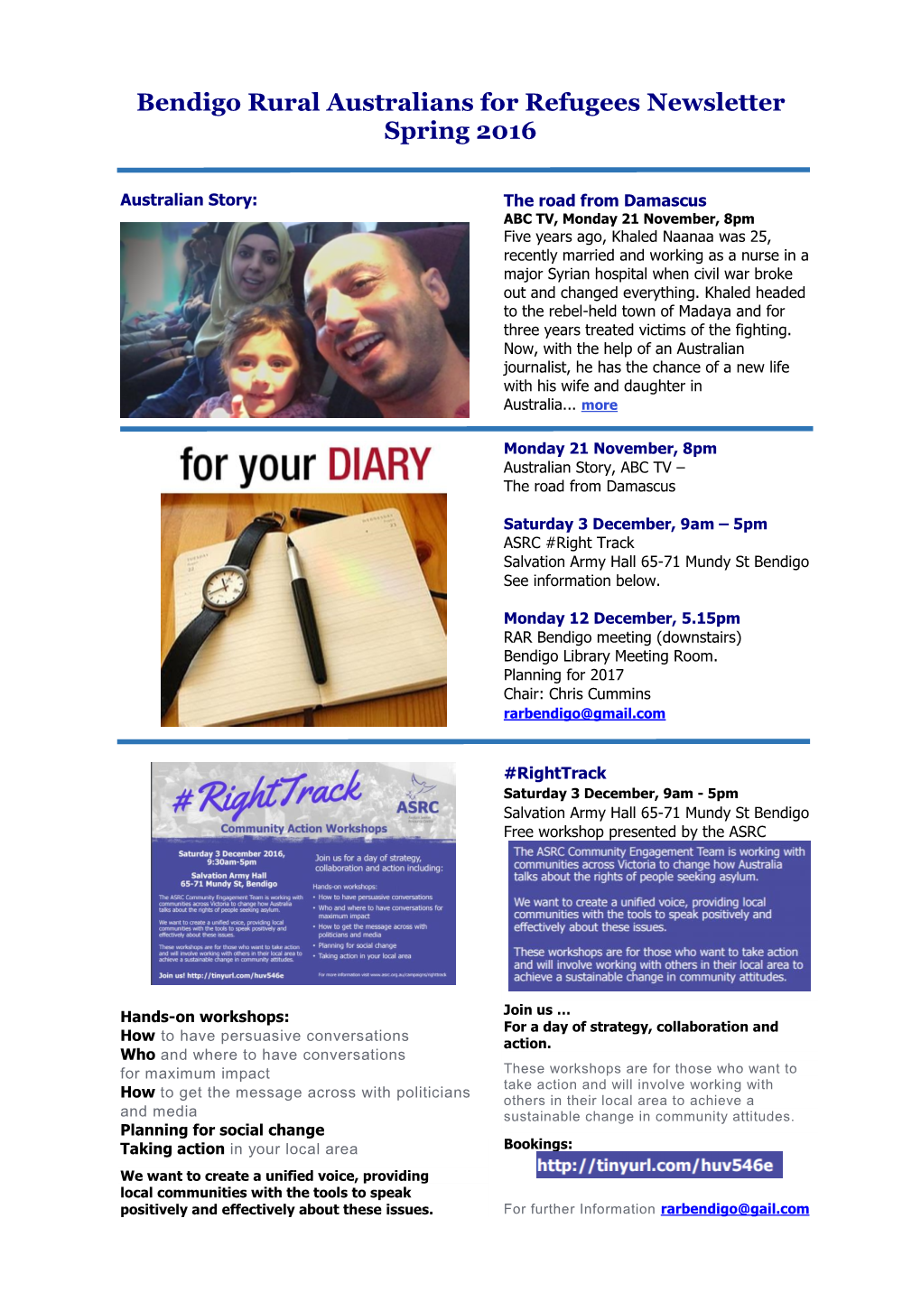 Bendigo Rural Australians for Refugees Newsletter Spring 2016