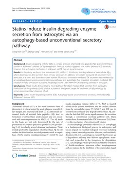 Statins Induce Insulin-Degrading Enzyme Secretion from Astrocytes Via an Autophagy-Based Unconventional Secretory Pathway