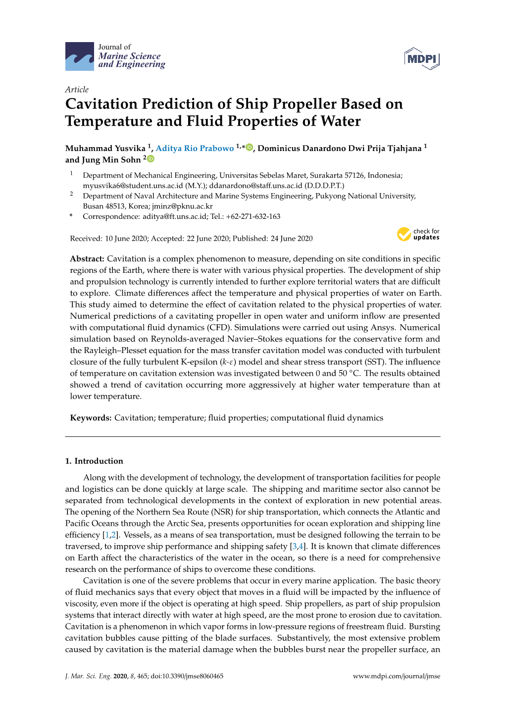 Cavitation Prediction of Ship Propeller Based on Temperature and Fluid Properties of Water