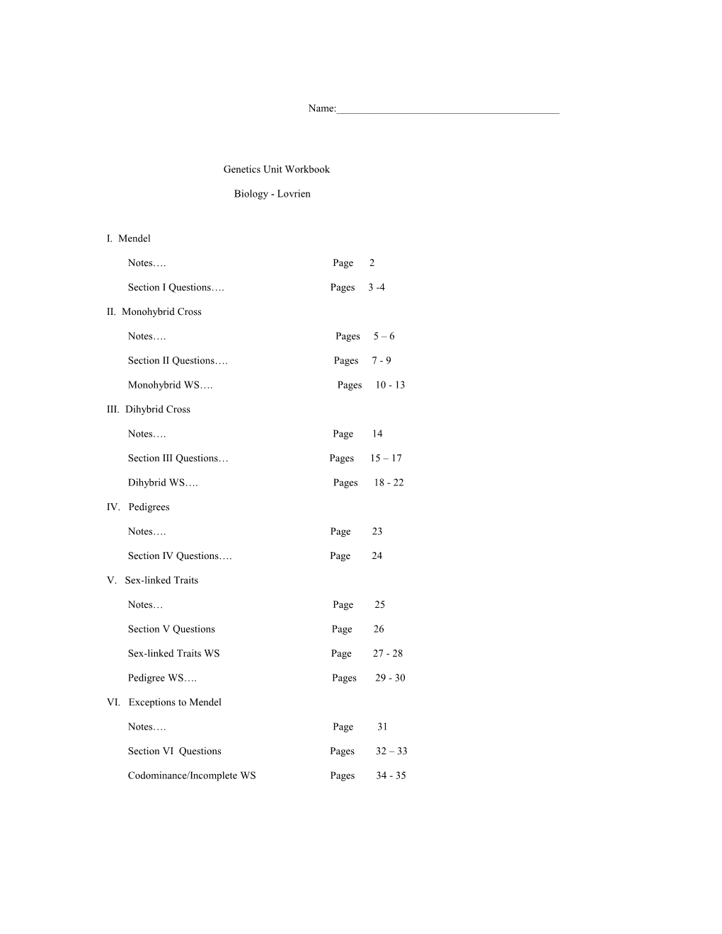 Genetics Unit Workbook