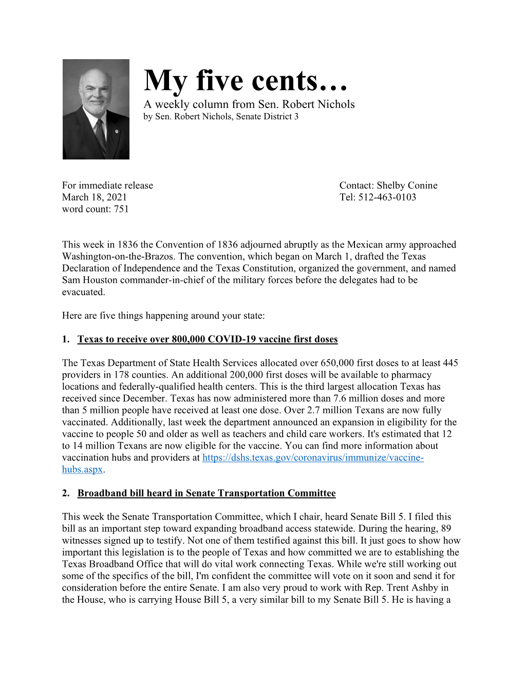 My Five Cents… a Weekly Column from Sen