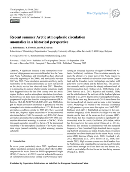Recent Summer Arctic Atmospheric Circulation Anomalies in a Historical Perspective