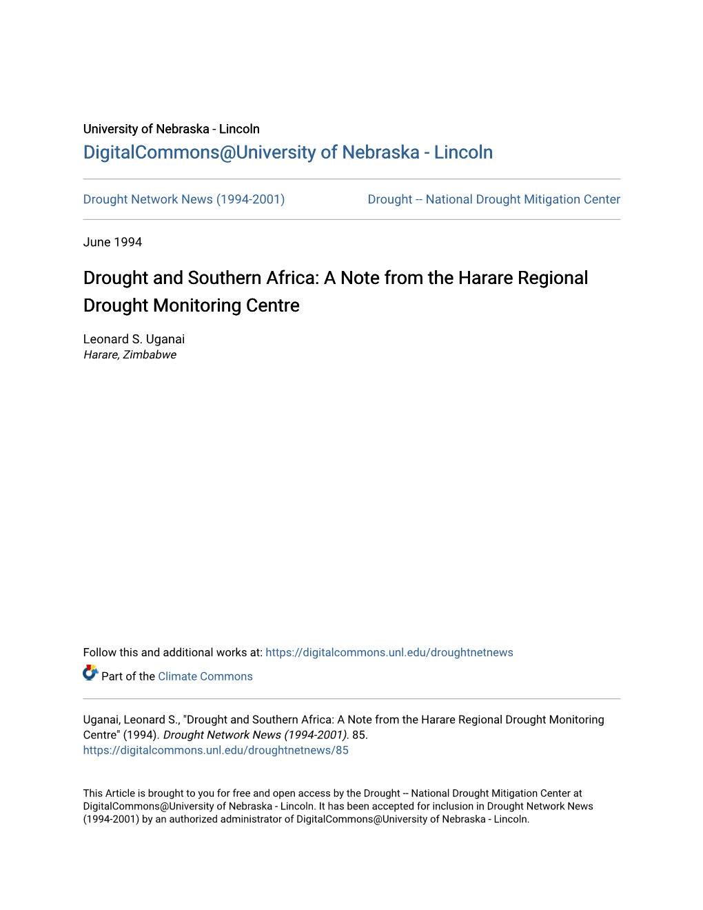 Drought and Southern Africa: a Note from the Harare Regional Drought Monitoring Centre