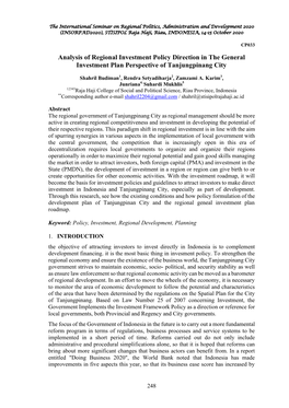 Analysis of Regional Investment Policy Direction in the General Investment Plan Perspective of Tanjungpinang City