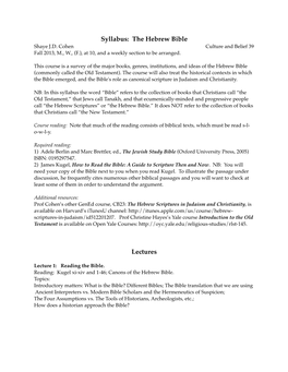 Syllabus: the Hebrew Bible Lectures
