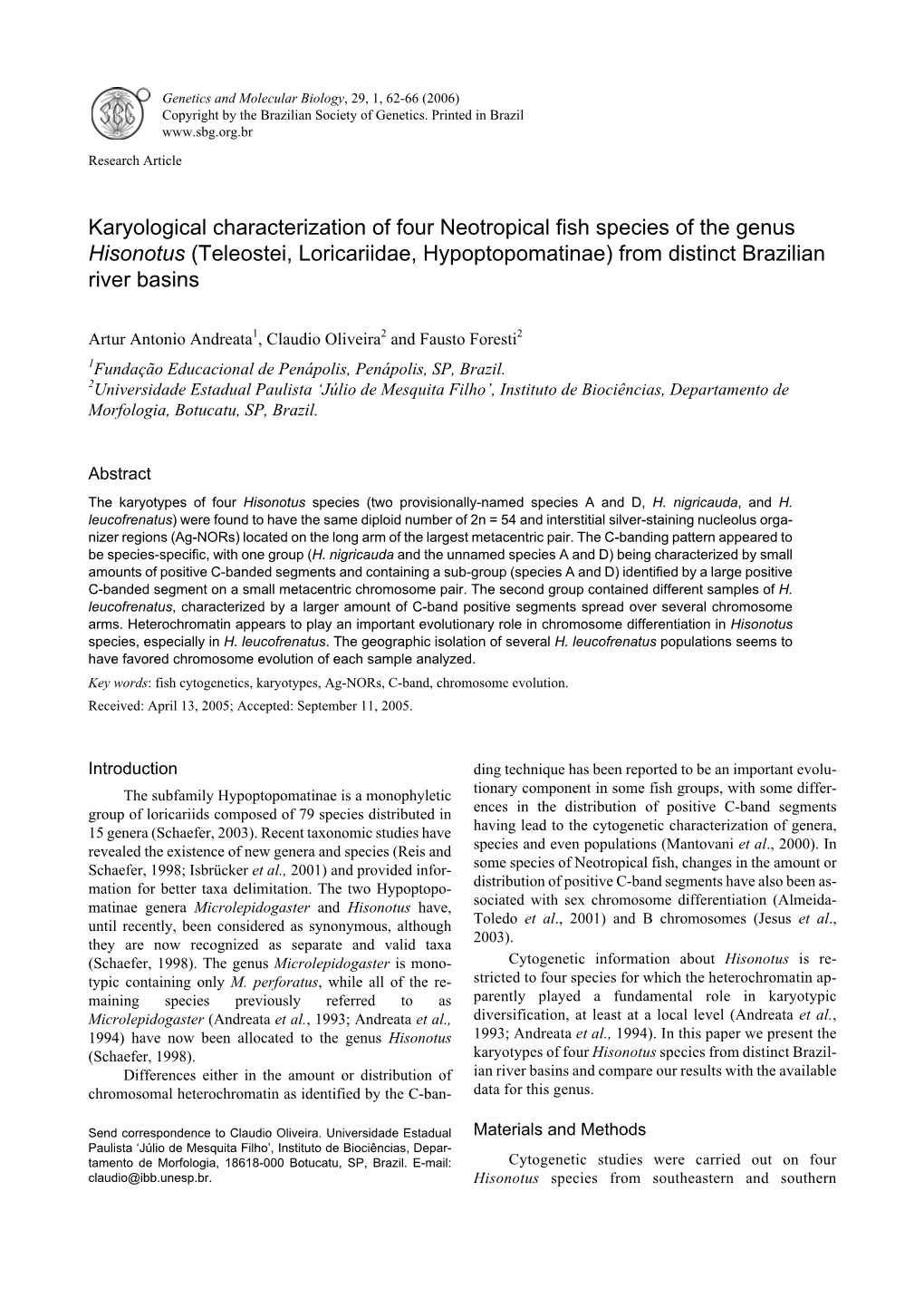 Karyological Characterization of Four Neotropical Fish Species of the Genus Hisonotus (Teleostei, Loricariidae, Hypoptopomatinae) from Distinct Brazilian River Basins