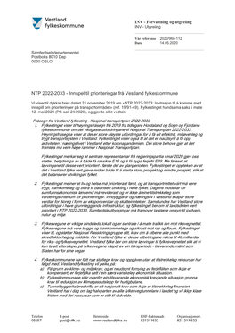 NTP 2022-2033 - Innspel Til Prioriteringar Frå Vestland Fylkeskommune