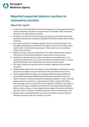Reported Suspected Adverse Reactions to Coronavirus Vaccines