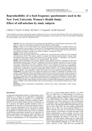Reproducibility of a Food Frequency Questionnaire Used in the New York University Women's Health Study: Effect of Self-Selection by Study Subjects