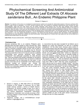 Phytochemical Screening and Antimicrobial Study of the Different Leaf Extracts of Alocasia Sanderiana Bull., an Endemic Philippine Plant