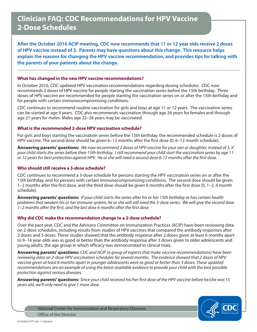 CDC Recommendations for HPV Vaccine 2-Dose Schedules