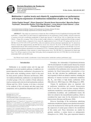 Methionine + Cystine Levels and Vitamin B6 Supplementation on Performance and Enzyme Expression of Methionine Metabolism of Gilts from 75 to 100 Kg
