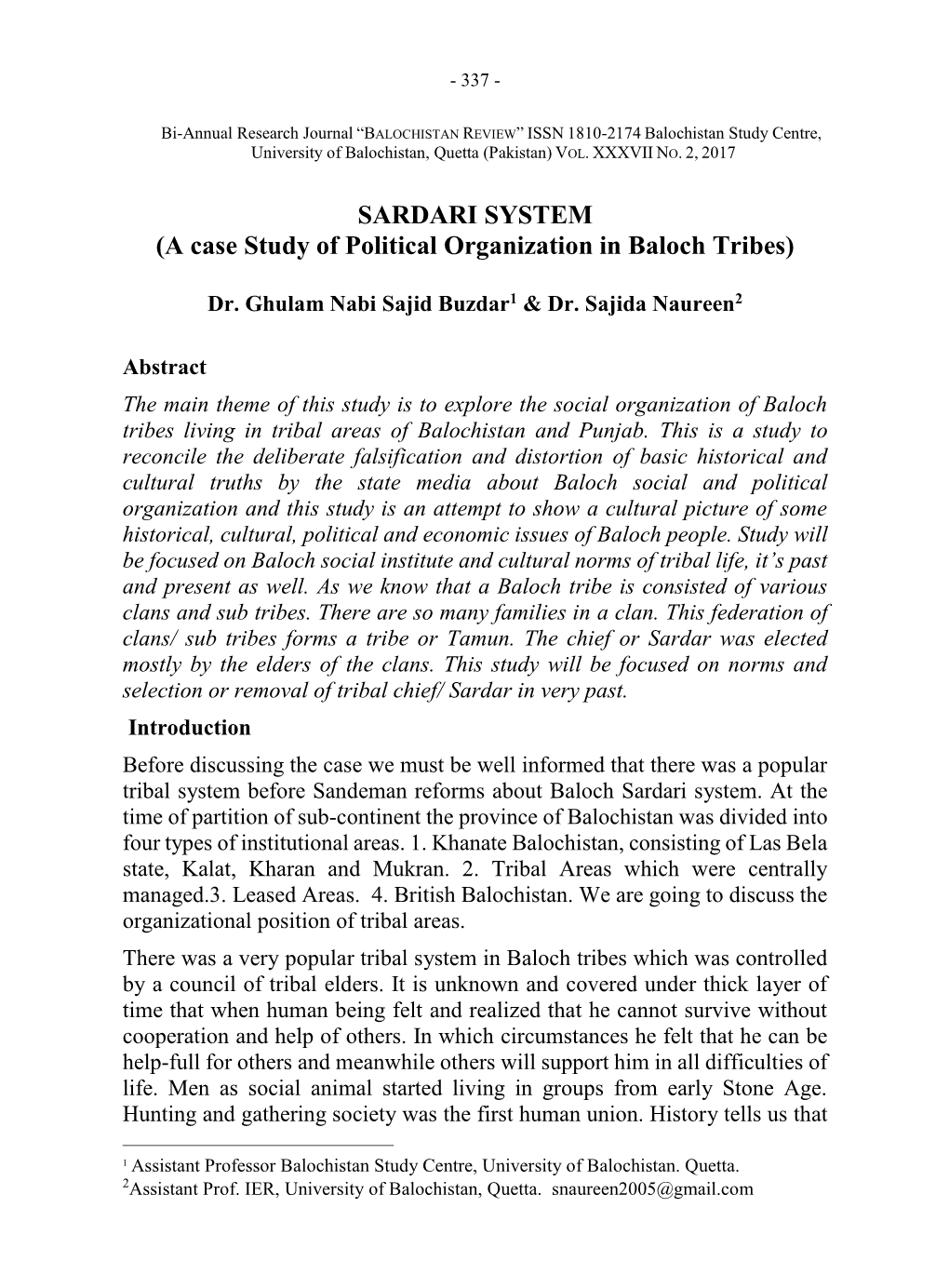 SARDARI SYSTEM (A Case Study of Political Organization in Baloch Tribes)