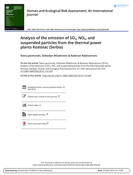 Analysis of the Emission of SO2, Nox, and Suspended Particles from the Thermal Power Plants Kostolac (Serbia)
