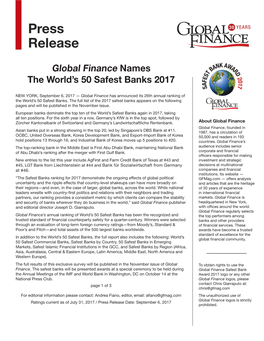 Global Finance Names the World's 50 Safest Banks 2017