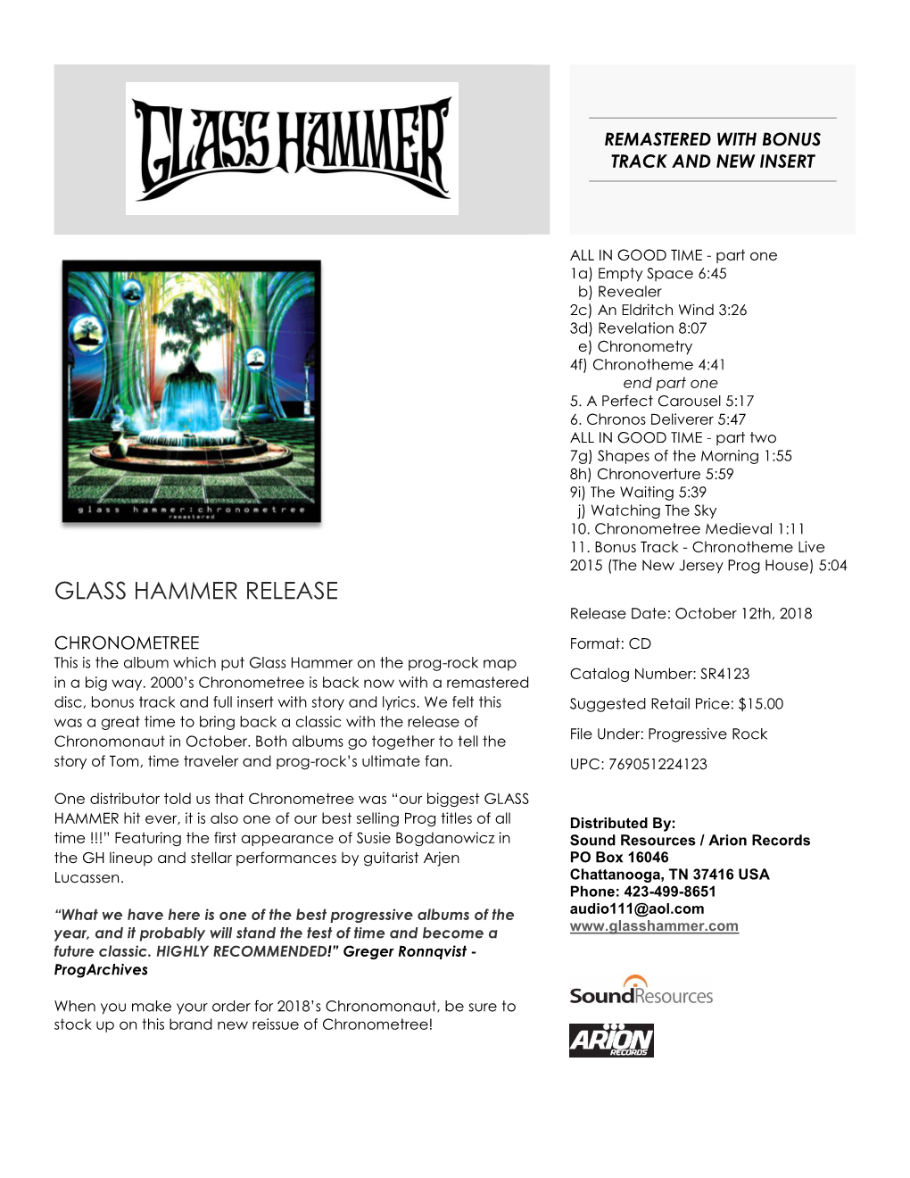 Glass Hammer Chronometree Remastered 1-Sheet