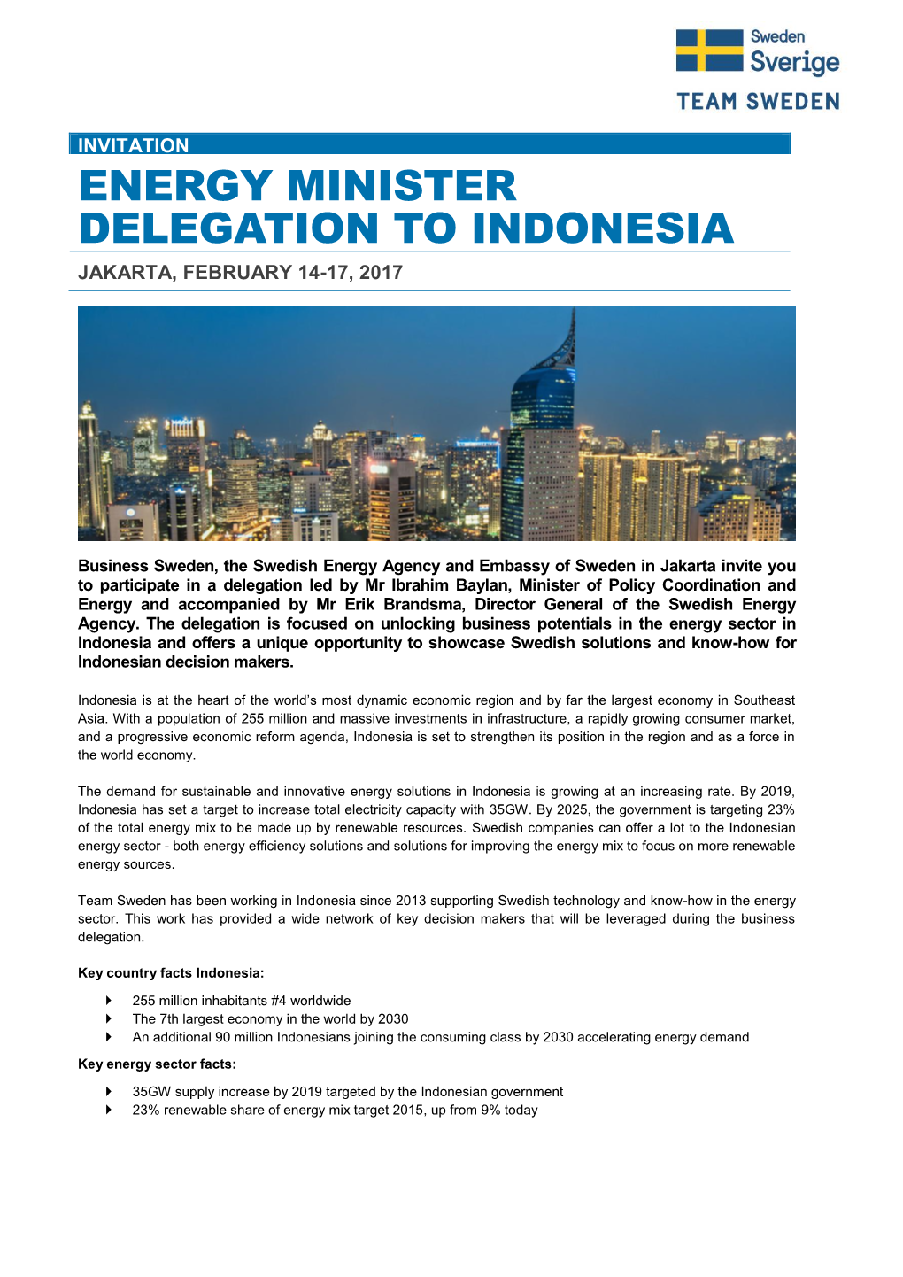 Energy Minister Delegation to Indonesia Jakarta, February 14-17, 2017