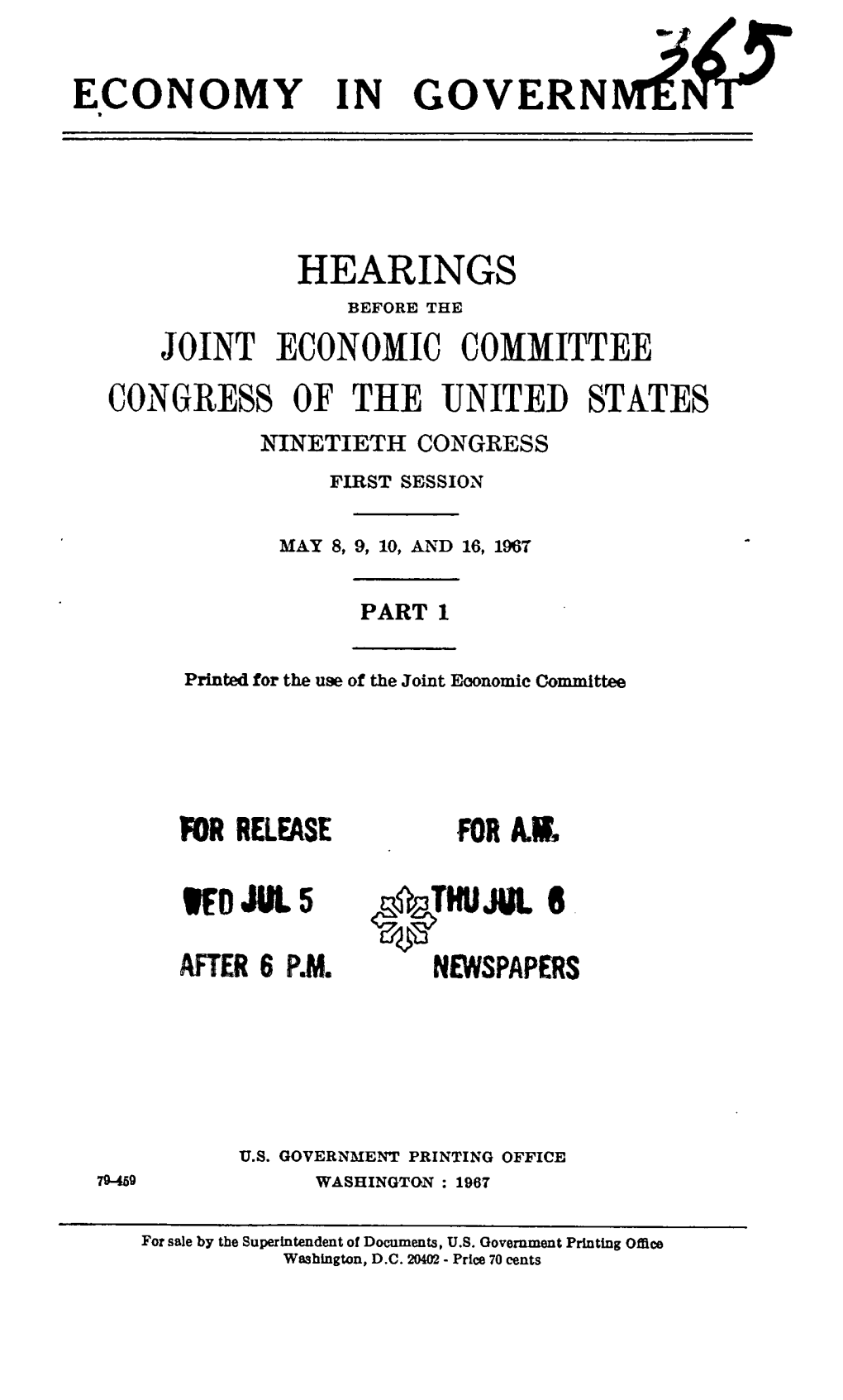 Economy in Governm' Hearings Joint Economic