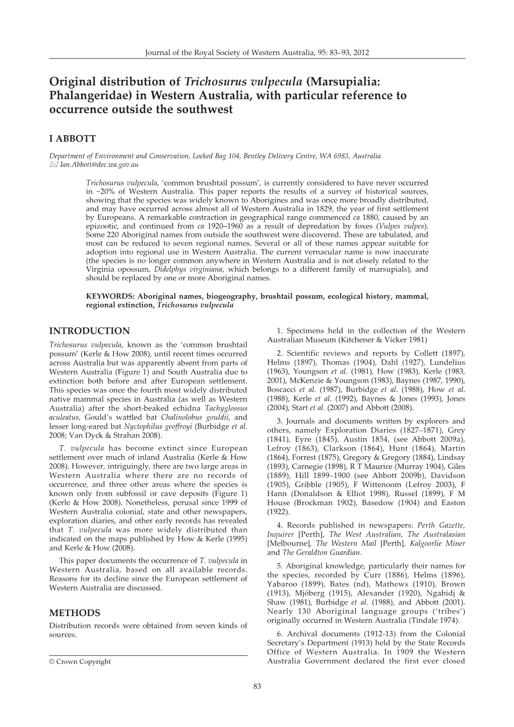 Original Distribution of Trichosurus Vulpecula (Marsupialia: Phalangeridae) in Western Australia, with Particular Reference to Occurrence Outside the Southwest
