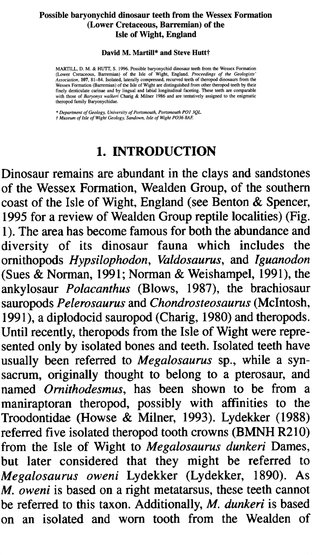 Possible Baryonychid Dinosaur Teeth from the Wessex Formation (Lower