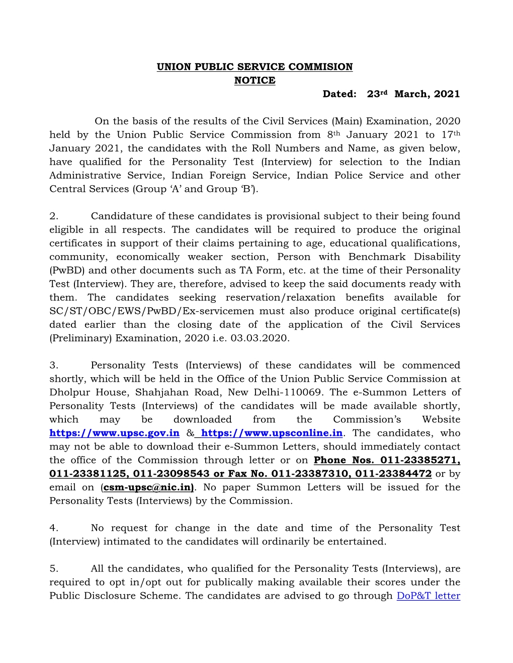 UNION PUBLIC SERVICE COMMISION NOTICE Dated: 23Rd March, 2021