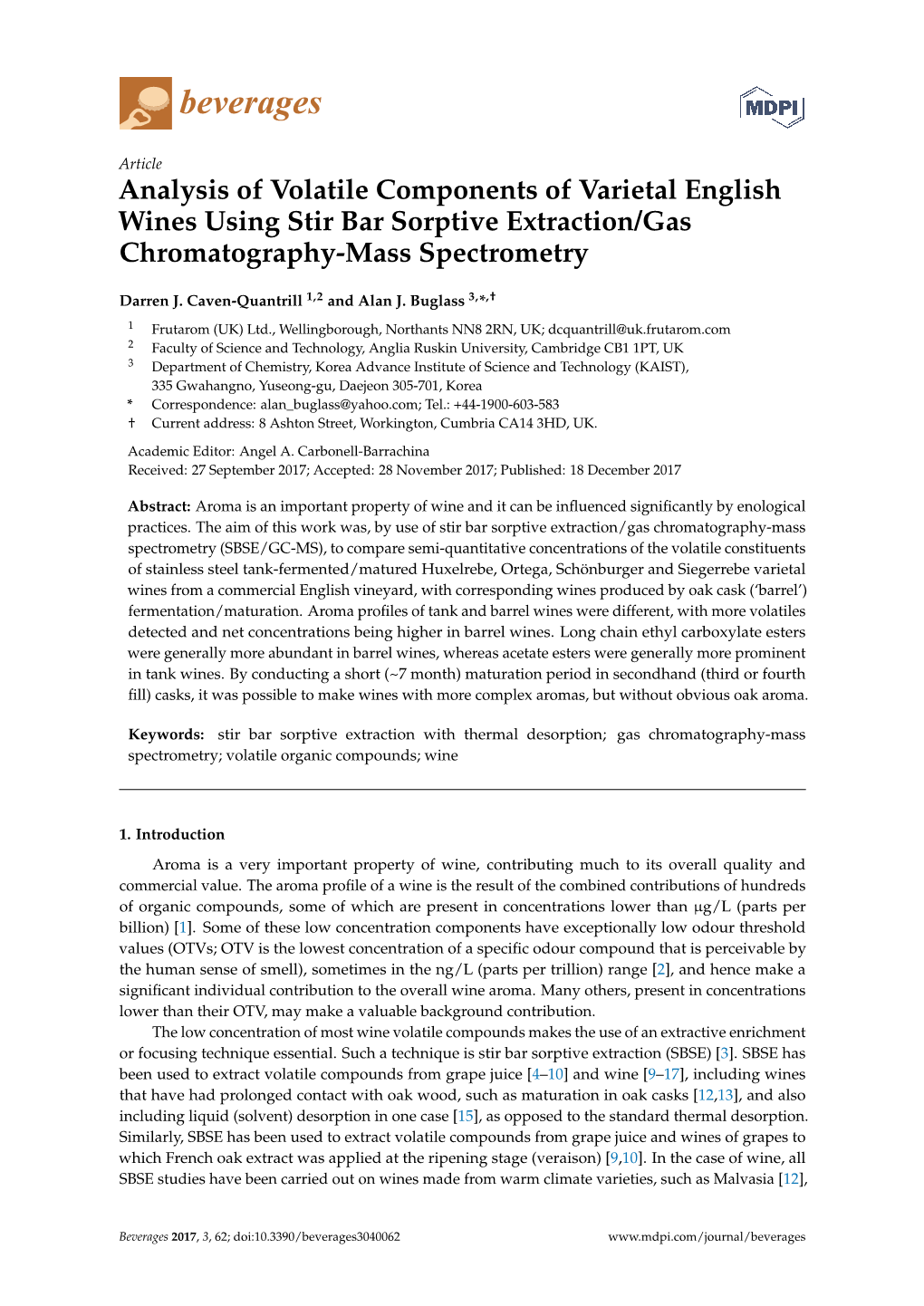 Analysis of Volatile Components of Varietal English Wines Using Stir Bar Sorptive Extraction/Gas Chromatography-Mass Spectrometry