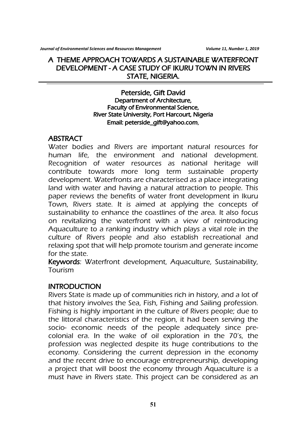 A Theme Approach Towards a Sustainable Waterfront Development - a Case Study of Ikuru Town in Rivers State, Nigeria