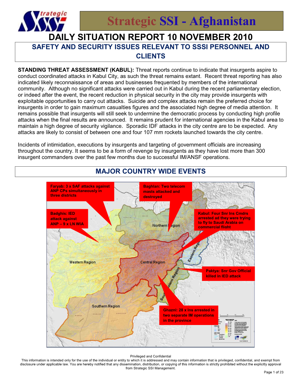 Daily Situation Report 10 November 2010 Safety and Security Issues Relevant to Sssi Personnel and Clients