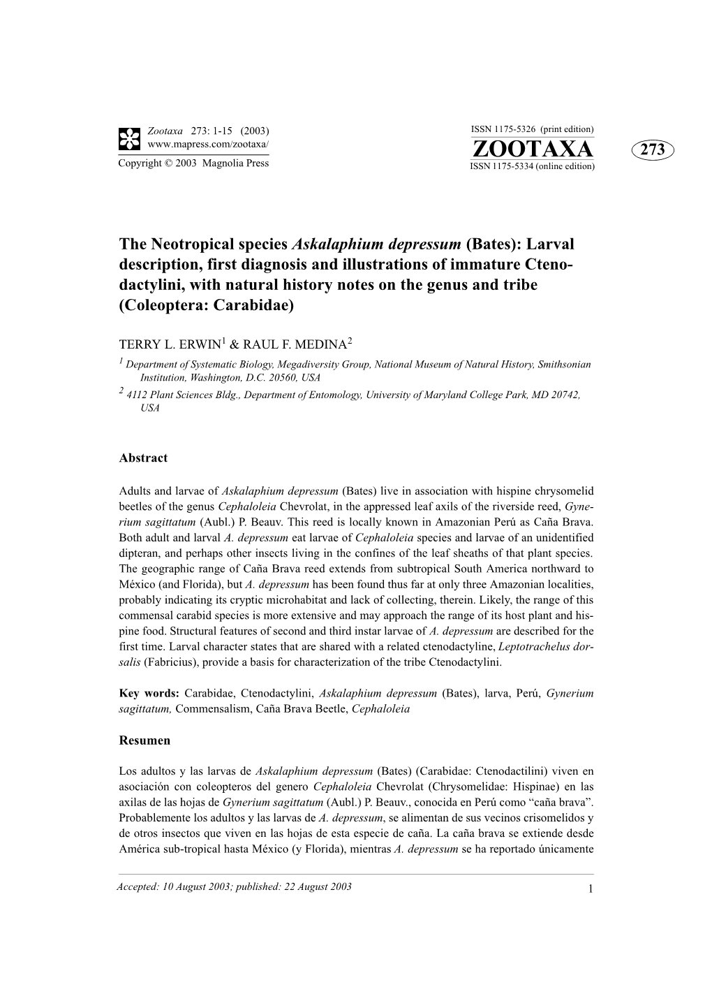 273: 1-15 (2003) ISSN 1175-5326 (Print Edition) ZOOTAXA 273 Copyright © 2003 Magnolia Press ISSN 1175-5334 (Online Edition)