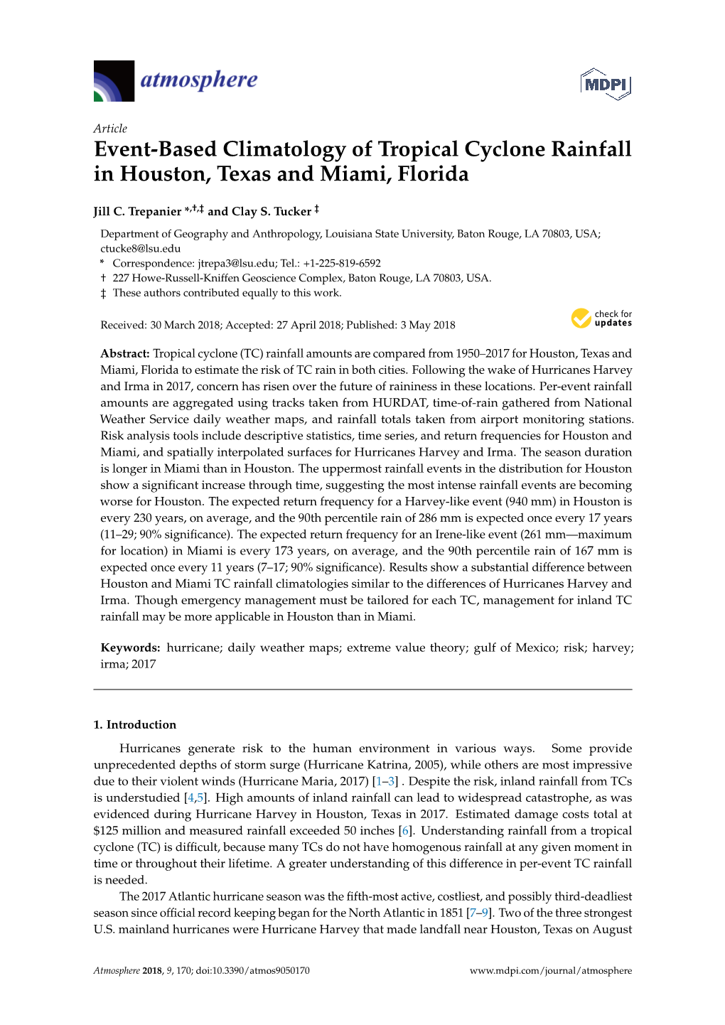 Event-Based Climatology of Tropical Cyclone Rainfall in Houston, Texas and Miami, Florida