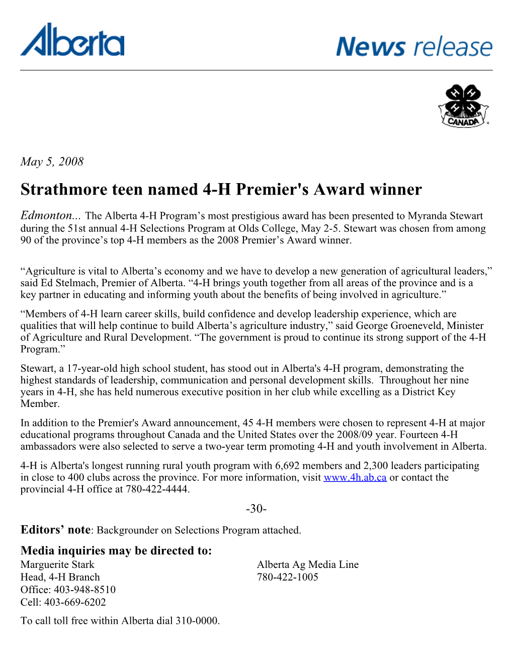 Strathmore Teen Named 4-H Premier's Award Winner